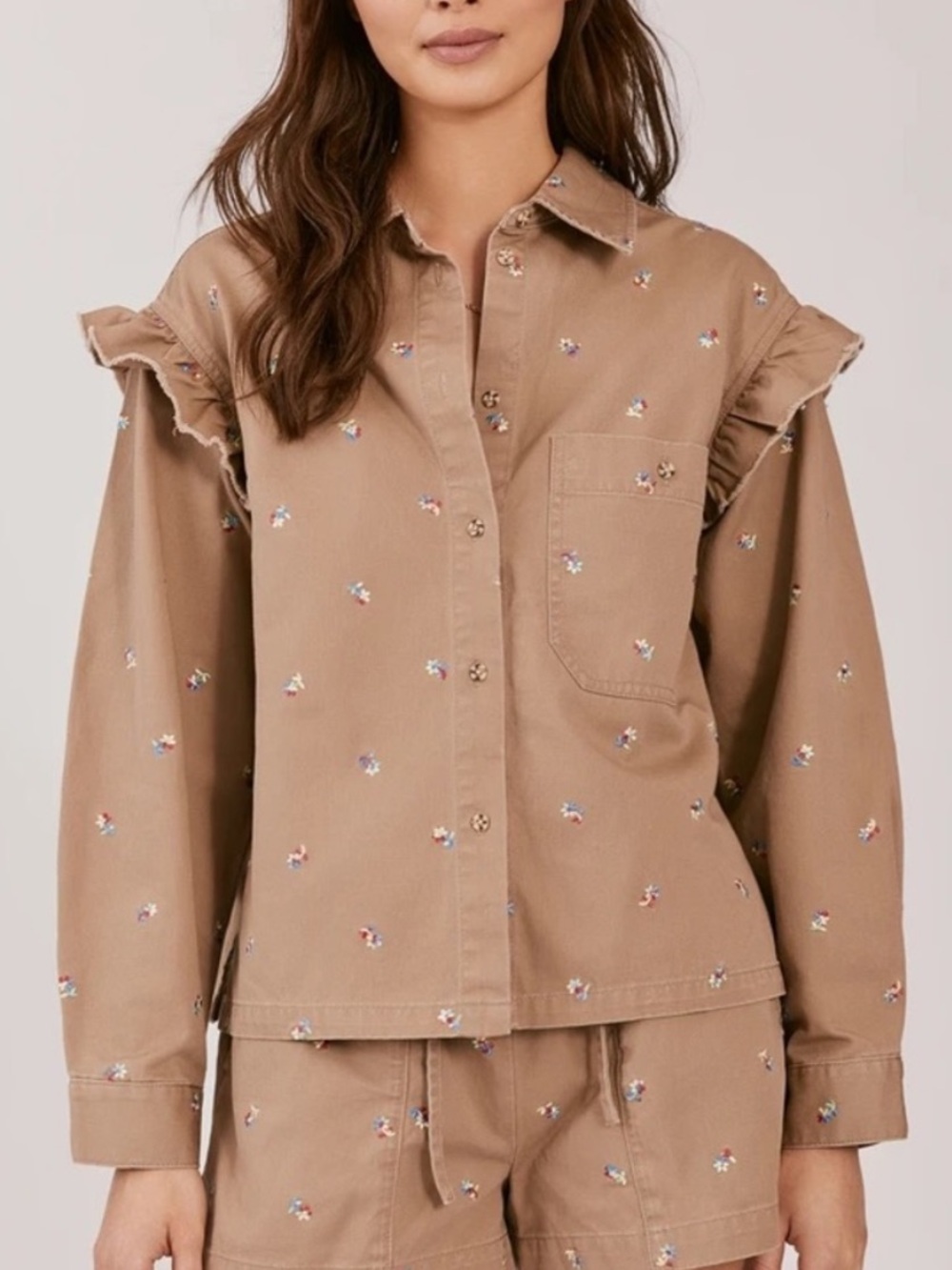 Something Navy tan Magnolia shirt jacket small